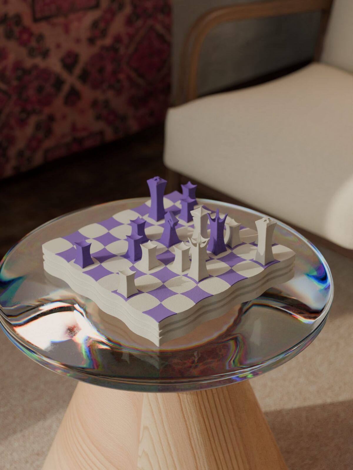 Accueil Échiquier jen lavande et blanc sur son coffret, posé sur une table d'appoint ronde en verre au pied en bois
